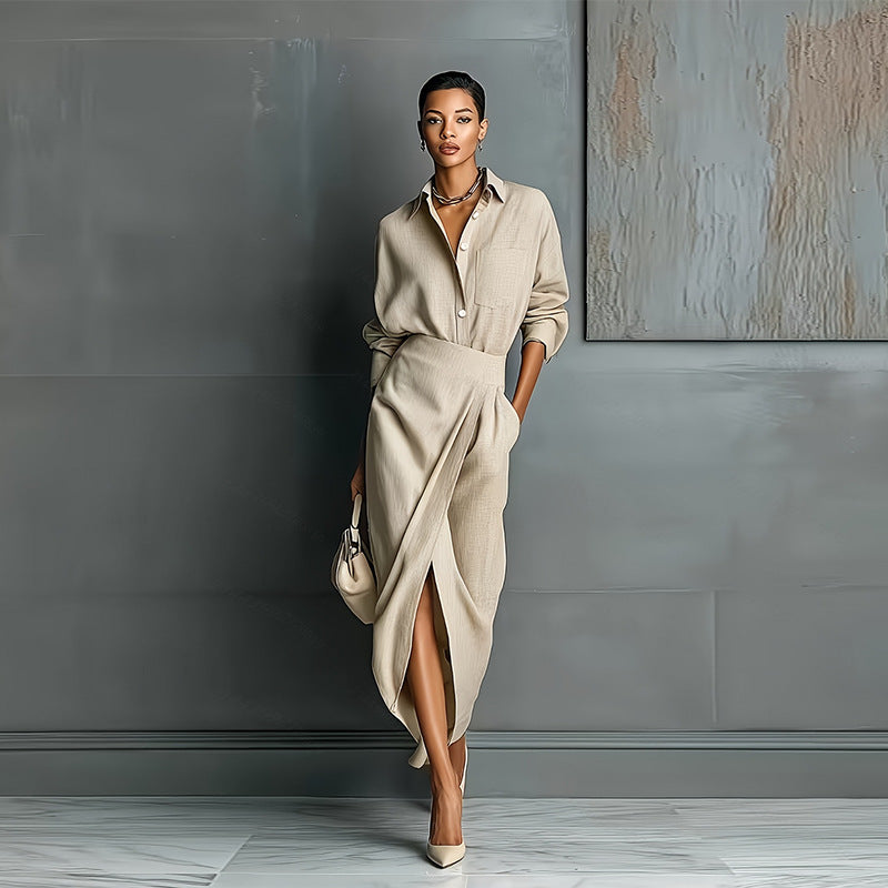 Elegant Long Sleeve Shirt and Midi Skirt Set Colouronova