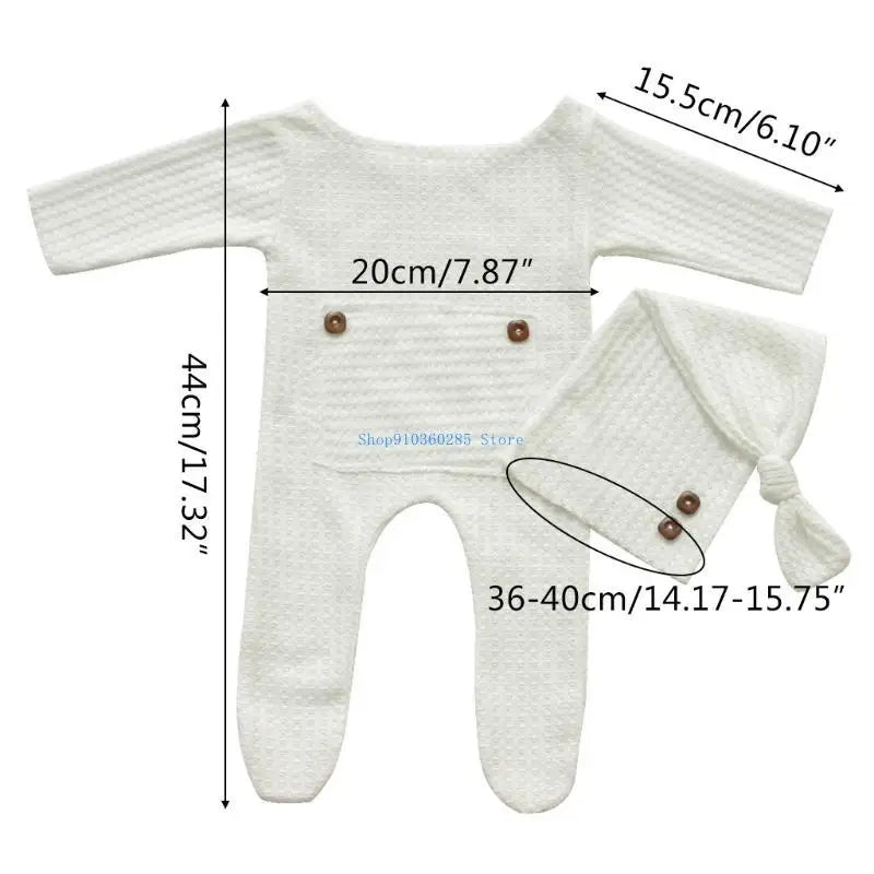 K9FF 2 Pcs/Set Knitted Jumpsuit Long Tail for Head Wrap Turban Beanie Cap Newborn Photography Props Baby Boy Girl Romper Hat - Colouronova