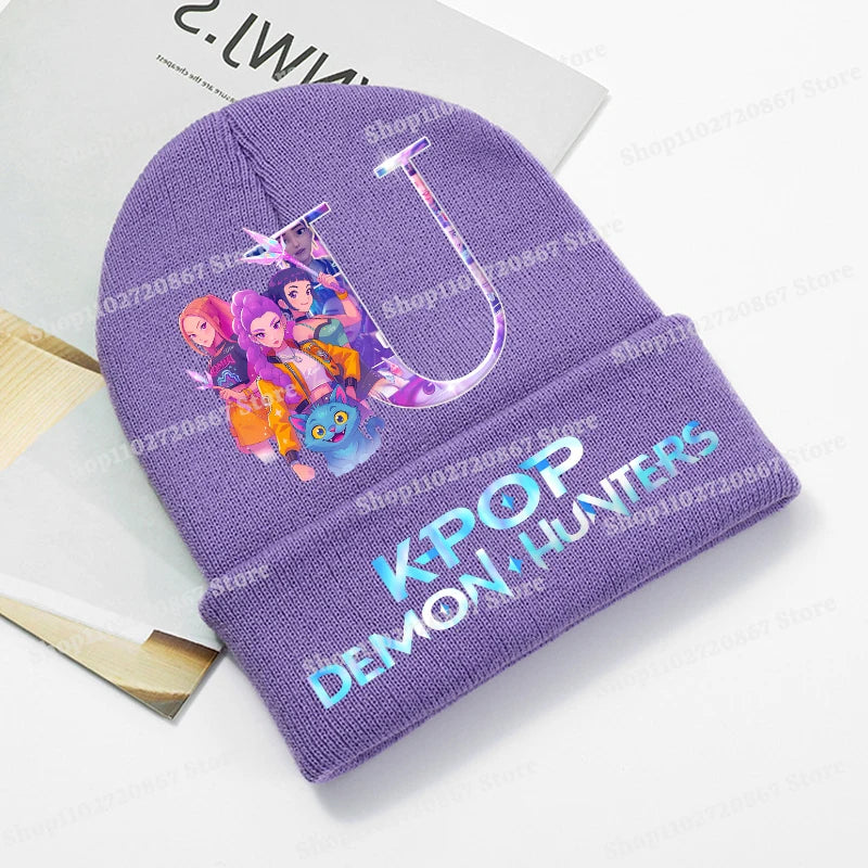 KPop Demon Hunters Purple Knitted Hat Boys Girls Cartoon Anime Woolen Hats Autumn Winter Kid Outdoor Warmth Beanies Caps Beanie - Colouronova