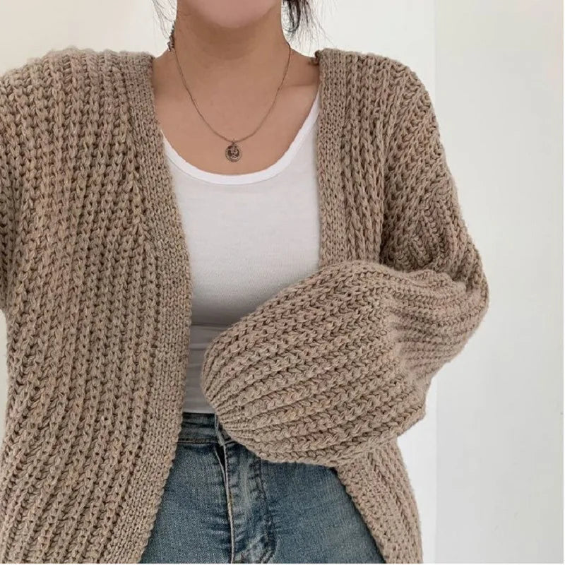 Women Sweaters V Neck Lantern Sleeve Cardigan Jumpers Knit Open Stitch Regular Solid Spliced Casual Simple Autumn 2025 - Colouronova