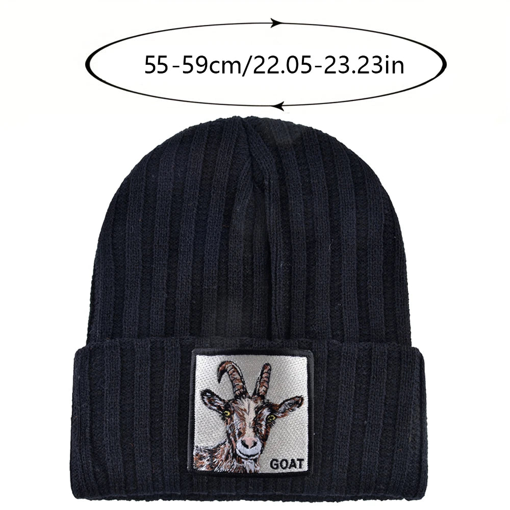 Unisex Black Beanie Hat With Animals Embroidery Patch Knitted Skull Cap For Men Women For Autumn Winter Streetwear Bonnet Hats - Colouronova