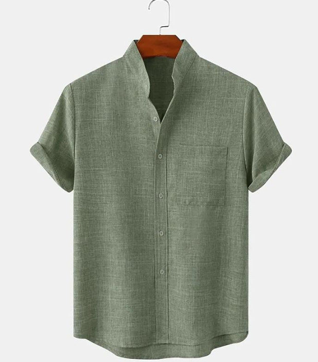 Mens Cotton Linen Stand Collar Shirt Colouronova