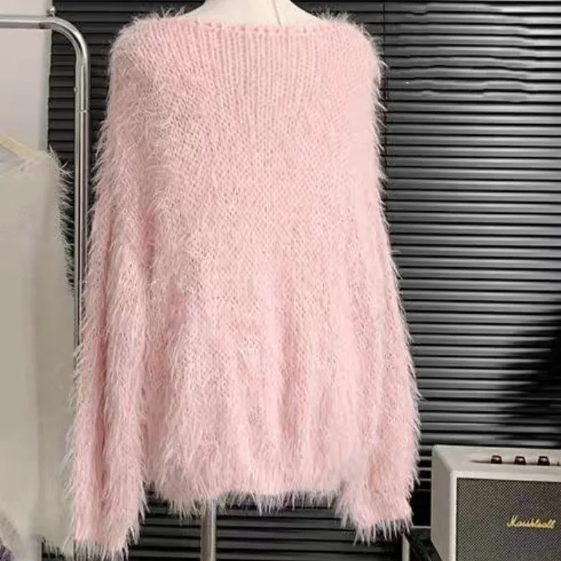 Women's Autumn Winter Faux Mink Hair Fuzzy Loose Long Sweater Lady Casual Solid Collar Pullover Long Sleeve Jumper - Colouronova