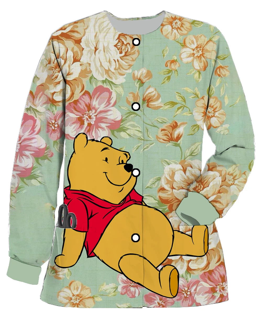 Autumn and Winter New Disney Winnie the Pooh Print Women's Double Pocket Long Sleeve Snap Button Scrub Jacket Medical Coat - Colouronova