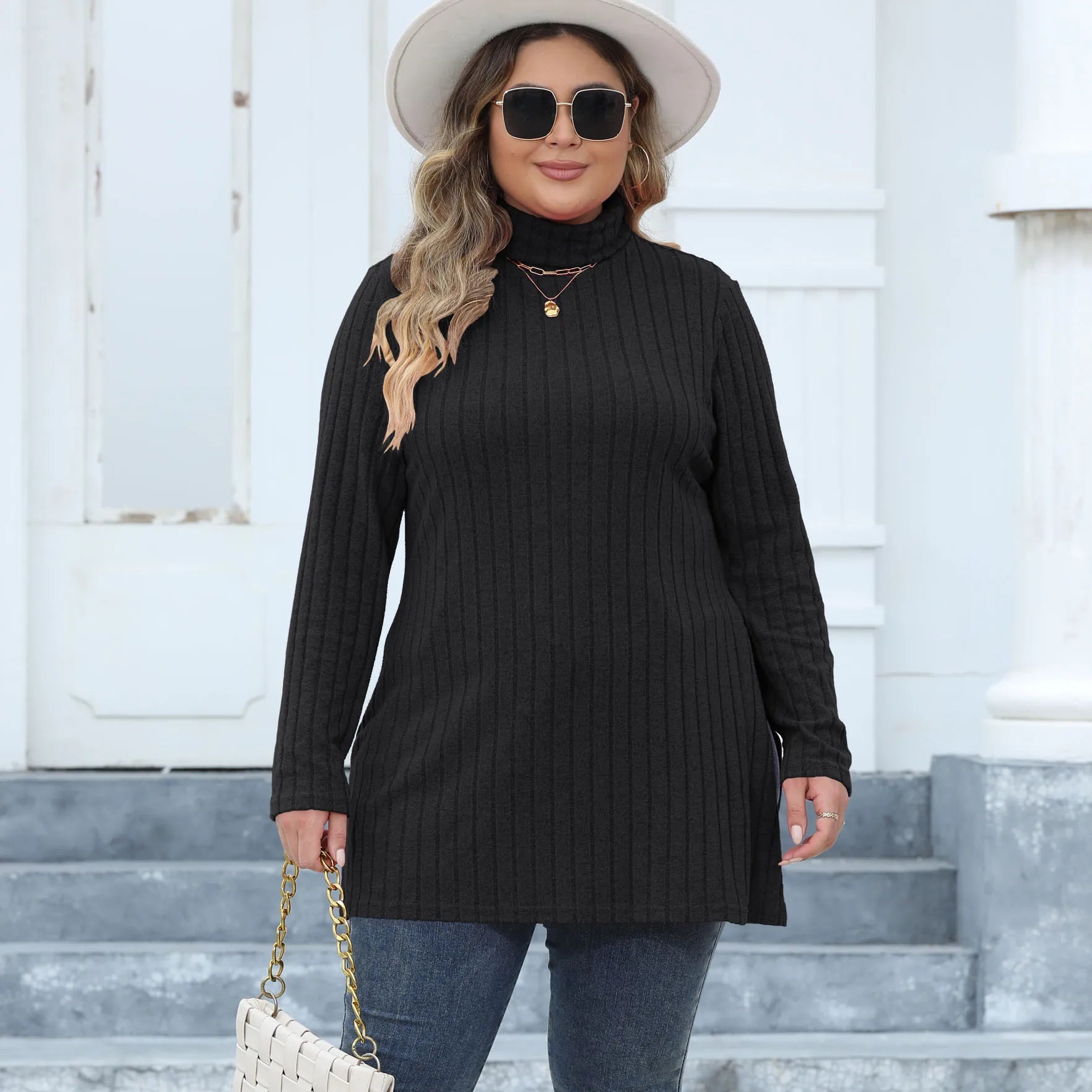 Women Turtleneck Top T Shirt Basic Tees Side Split Stripe Long Sleeve Casual Layering Tops 2025 Autumn Winter Office Lady - Colouronova