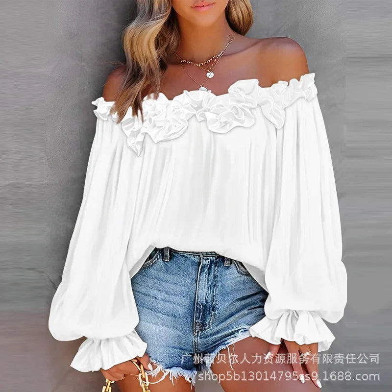 Women Tops Slash Neck Flare Sleeve Solid Pullovers Ruffles Casual T Shirts Elegant Lady Slight Strech Autumn 2024 Patchwork - Colouronova