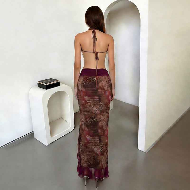 Floral Bead Chain Halter Neck Dress Set