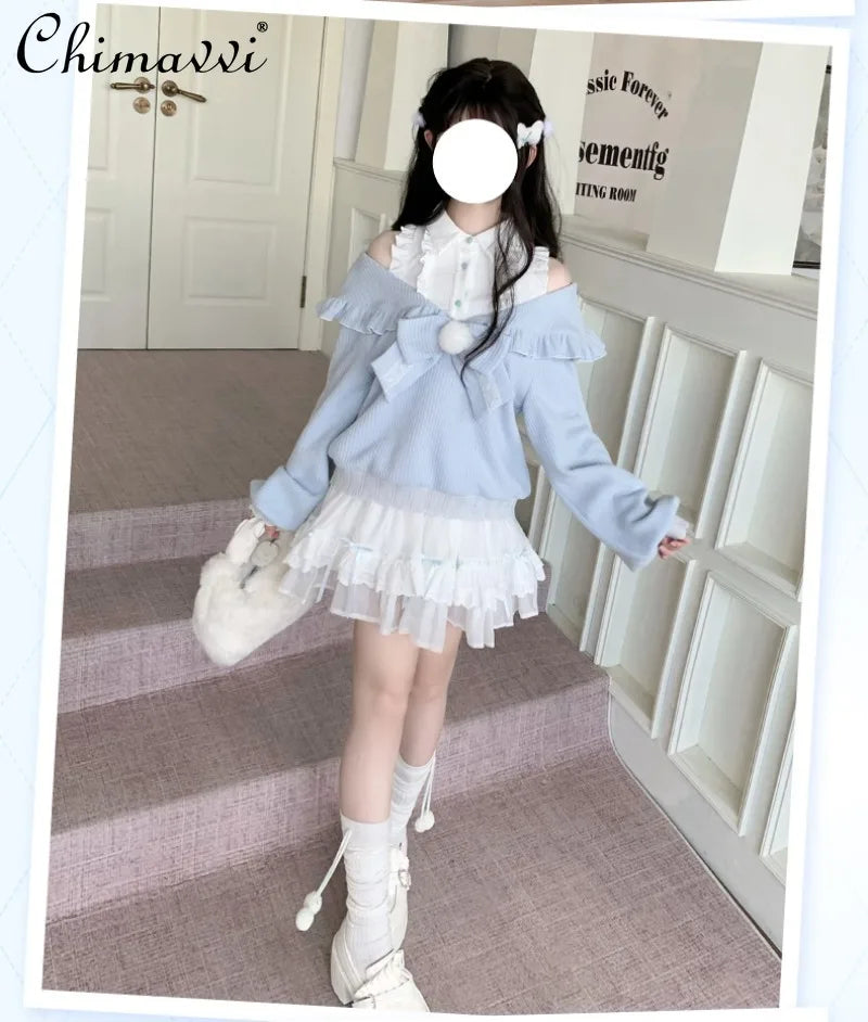 Original Design Water Color Sweet Bow Cute Girl Long Sleeve Off Shoulder Sweater + Skirt 2025 Autumn Winter New Lolita Set - Colouronova
