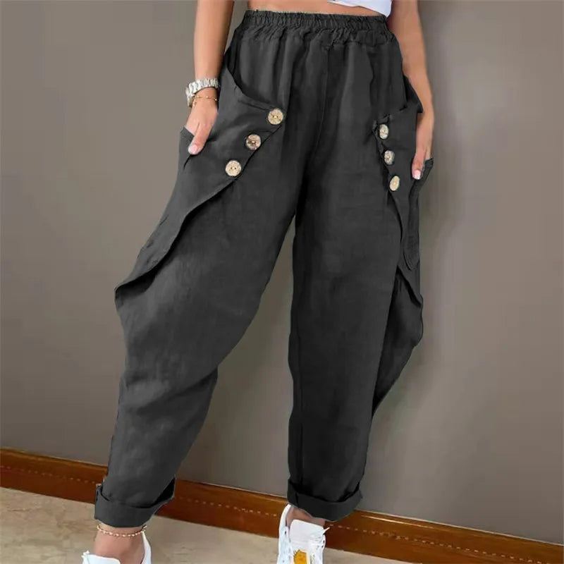 Harem Pants Women Elastic Waist Pockets Button Solid Distressed Slacks Female Streetwear 2025 Casual Ankle Length Trousers - Colouronova