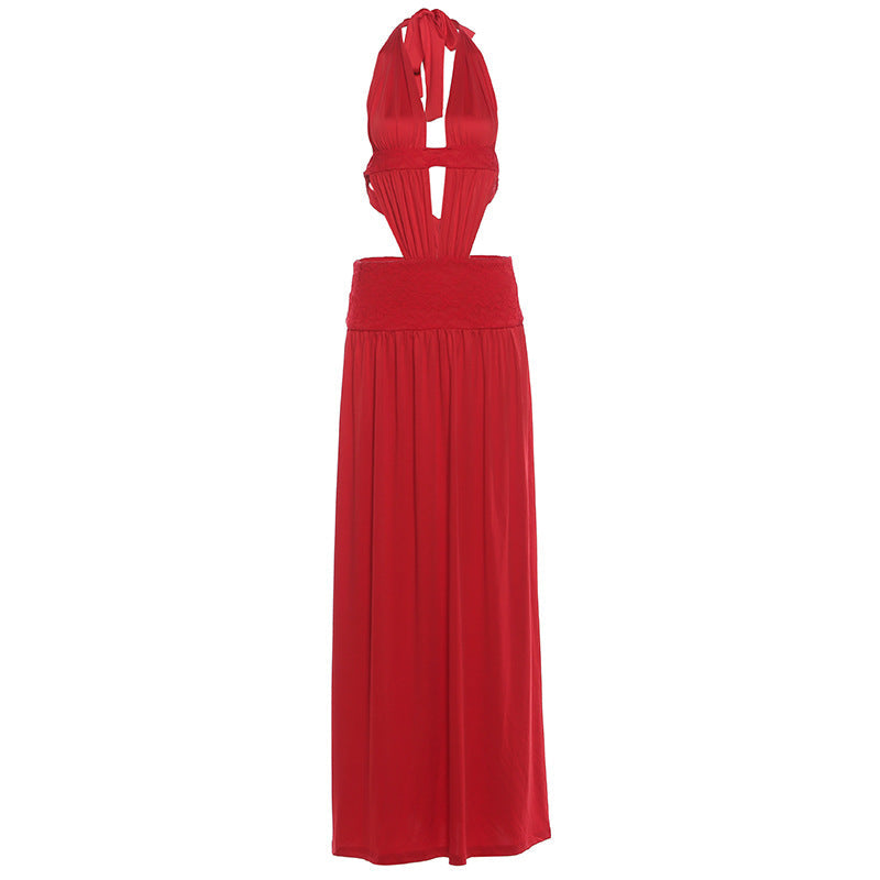 Sexy Halter Deep V-Neck Cut-Out Backless Solid Color Dress Colouronova