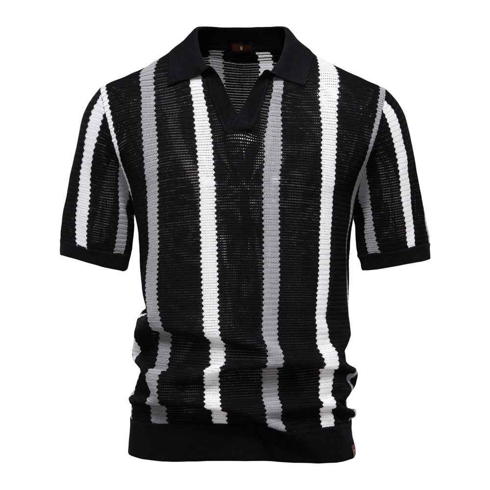 Breathable Striped Mens Polo Shirt Summer Short Sleeve Knit Top