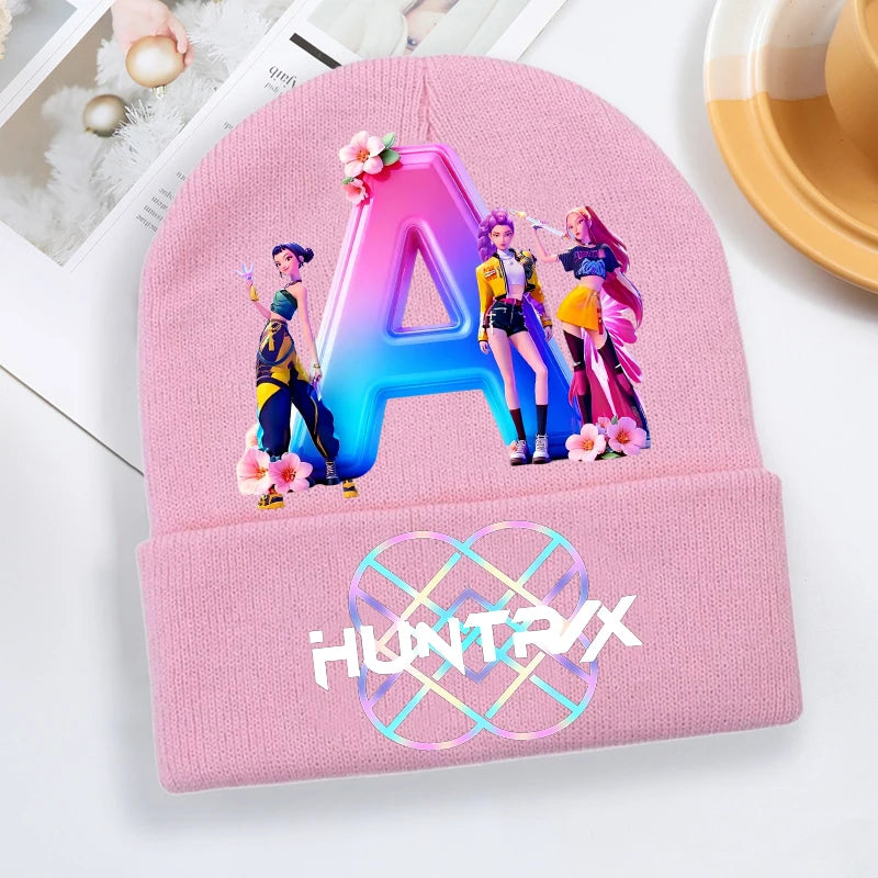 Kpop Demon Hunter Knitted Hat Girls Cute Letter A-Z Knit Cap Kids Winter Outdoors Warm Beanies Children Fashion Headgear Gift - Colouronova