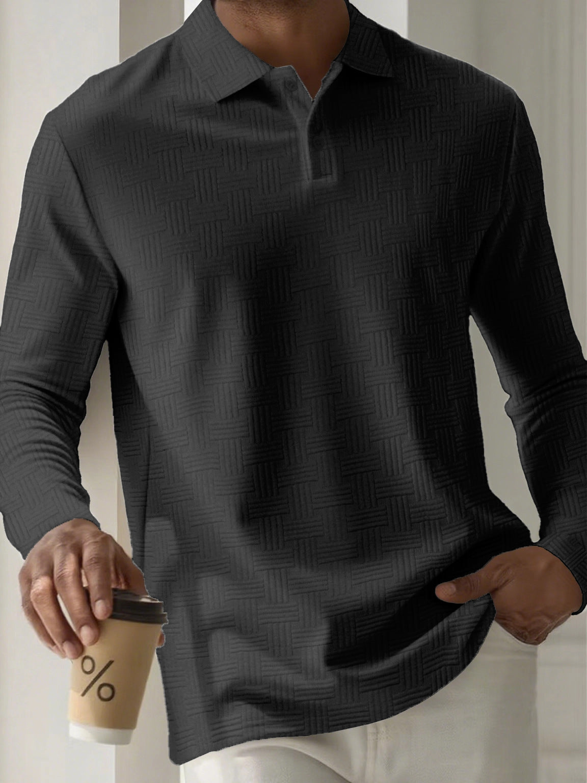 Mens Textured Long Sleeve Polo Shirts Colouronova