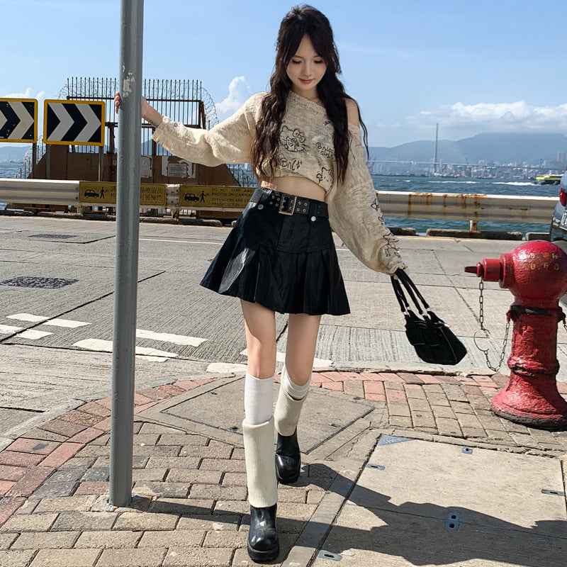 Womens PU Leather A-Line Skirt with Belt