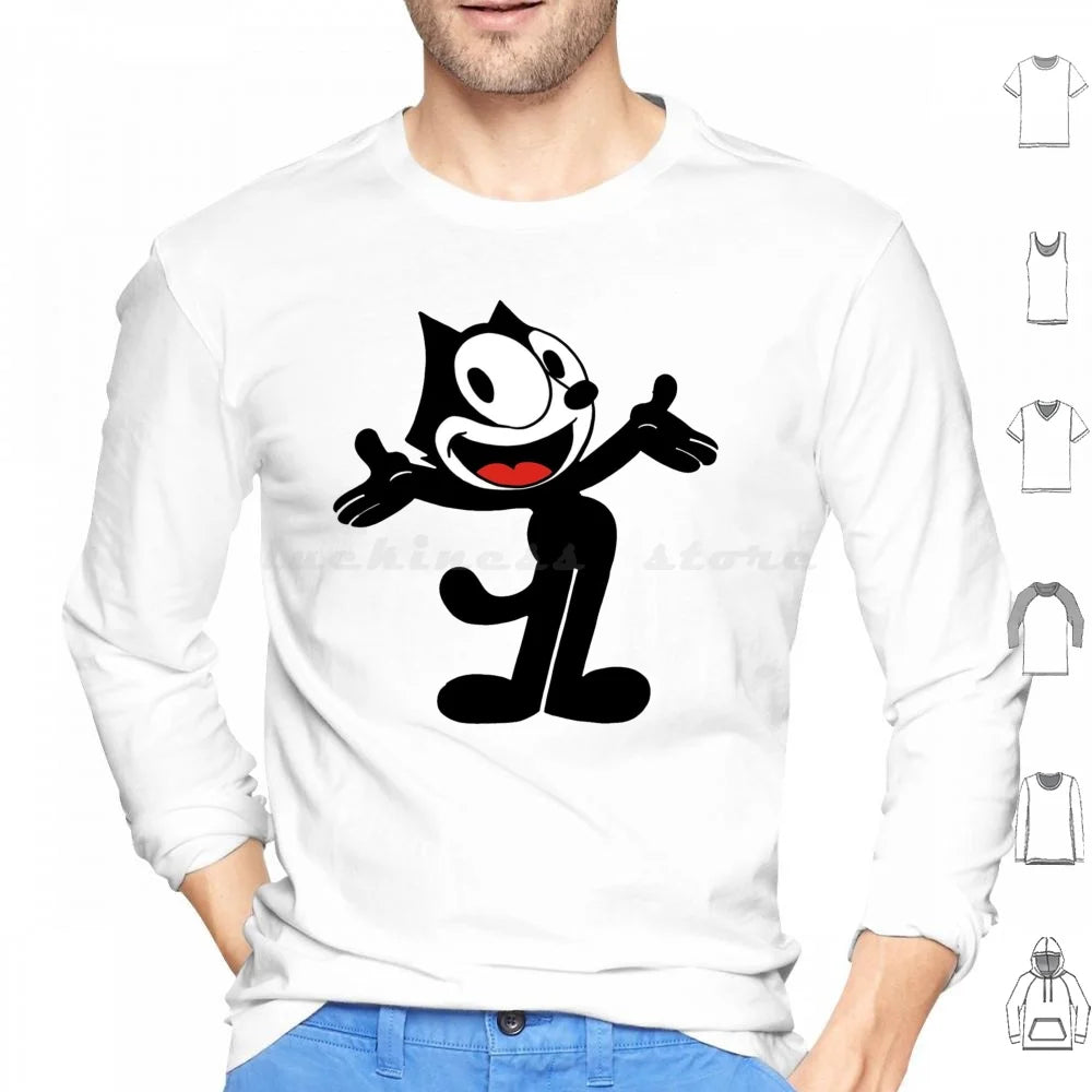 Hoodie Cotton Long Sleeve Vintage Cartoon Animation Kitty Black Cat Vintage Cartoon Cartoon Funny Funny Black Cat Felix Cat - Colouronova
