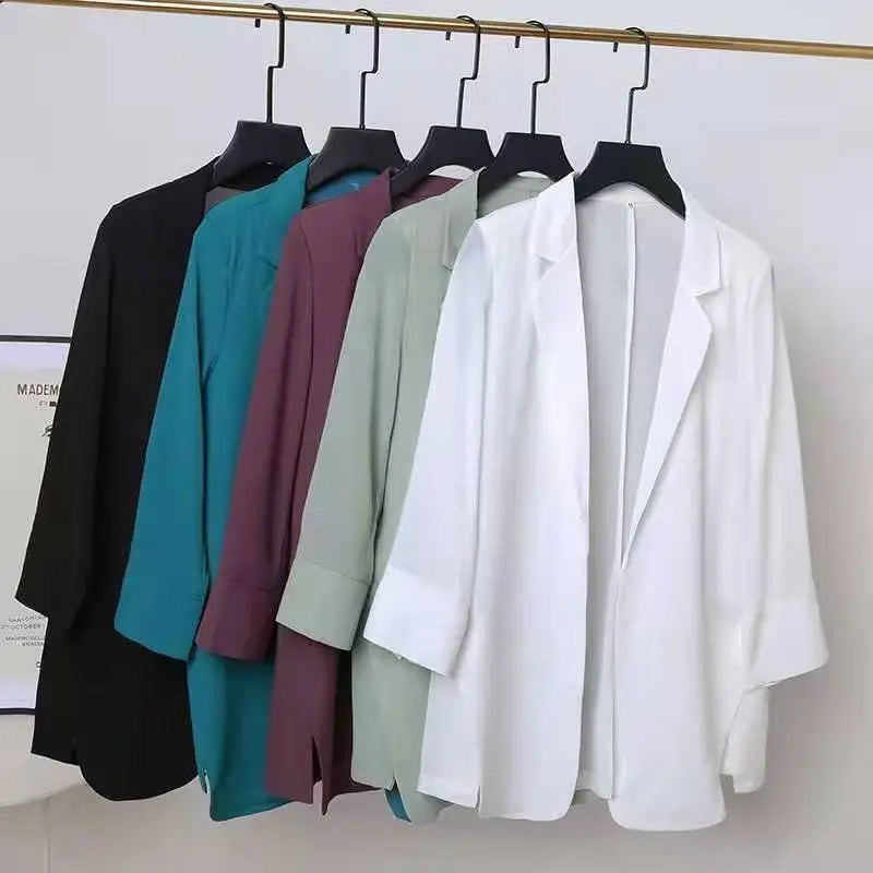 Women Blazer Jacket Cardigan Summer Suit Coat Three Quarter Sleeve Turn Down Collar Office Lady Open Stitch Outerwear 2025 - Colouronova