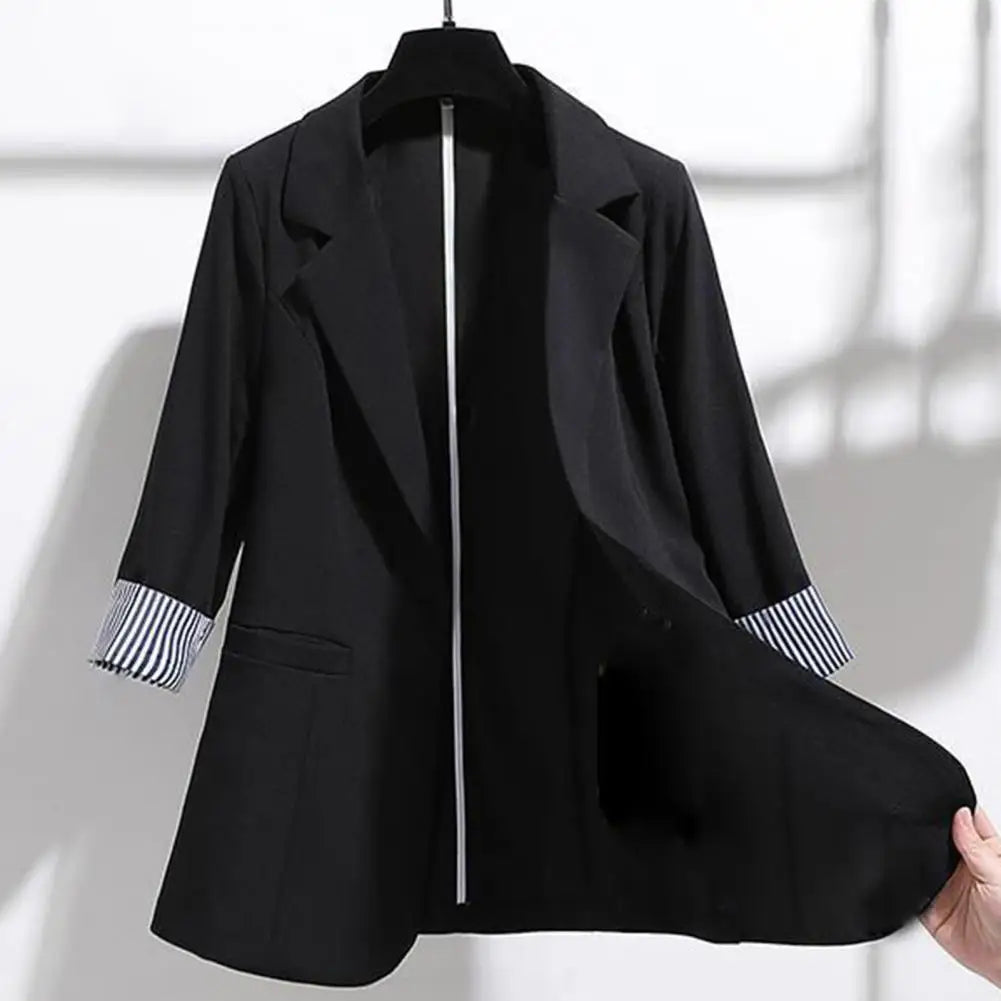 3 4 Sleeve Striped Patchwork Cuff Pockets Women Solid Color Lapel Single Button Thin Suit Coat Workwear - Colouronova