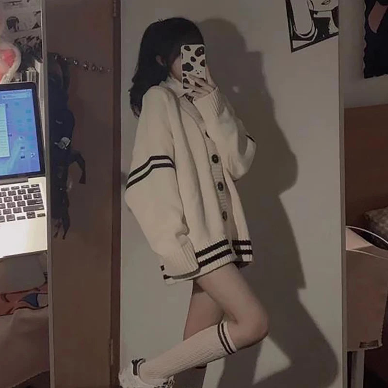 Striped Loose Cardigan Women  Vintage 2024 Autumn Winter Single Breasted Sweater Streetwear Casual Korean Female Knitted Coat - Colouronova