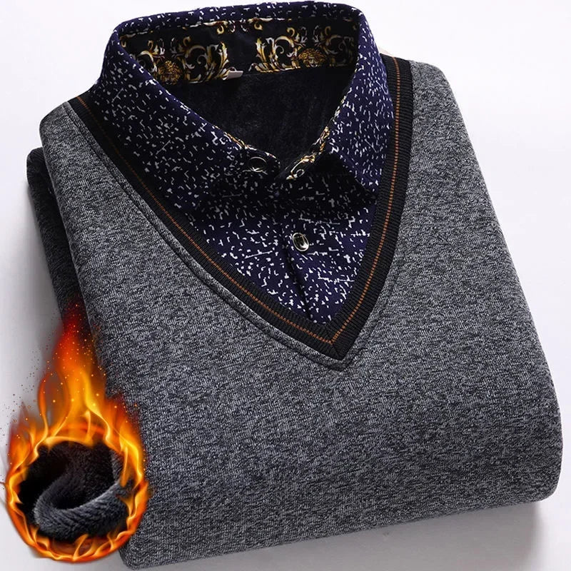 New2025 Autumn Winter Warm Sweater Men Fake Two-piece Grid Thicken Knitted Male Basic Sweater Pullover Shirt Jumper Sweater Male - Colouronova