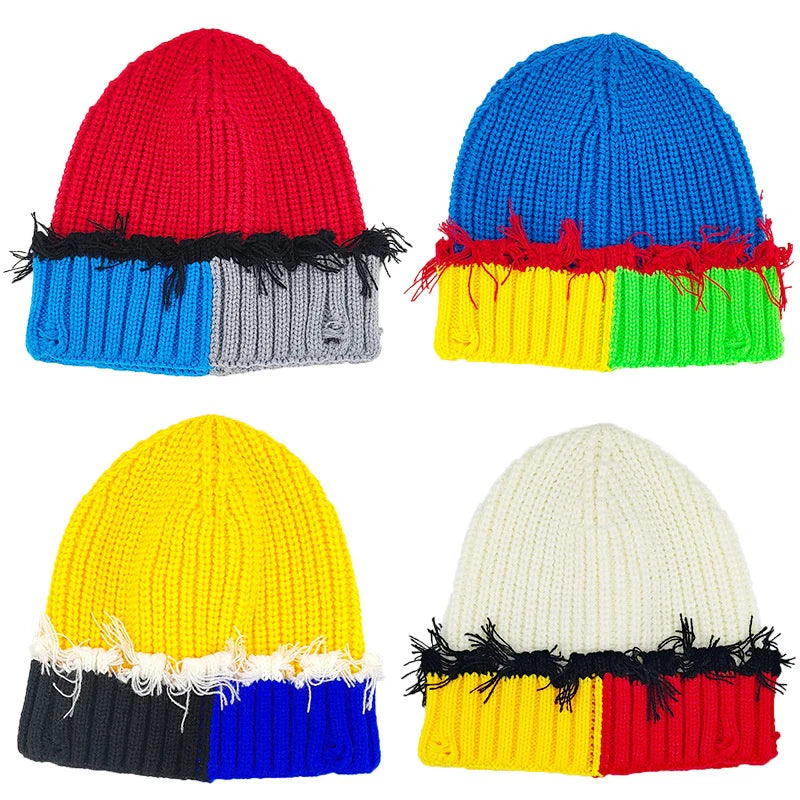Y2K Knitted Beanie Hats Winter Warm Wool Caps With Holes Hip Hop Streetwear Accessories New Color Matching - Colouronova