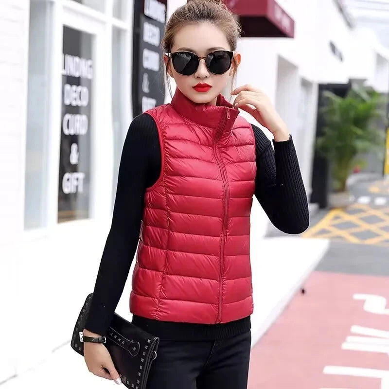 2024 Women's Clothing Down Coats White duck down slim fit new lightweight down vest short standing collar warm thin jacket vests - Colouronova