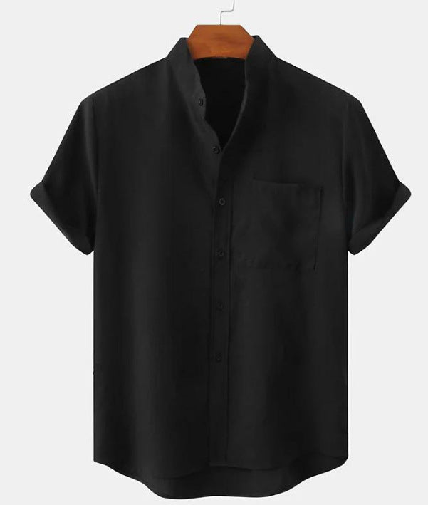 Mens Cotton Linen Stand Collar Shirt Colouronova