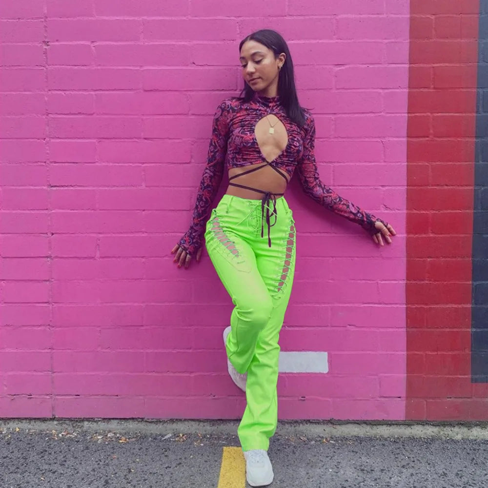 Pants Women Solid Pu Slim Fit Regular Hollow Out Long Pencil Pant Bandage Straight Trousers Office Ladies Capris Splice 2024 - Colouronova