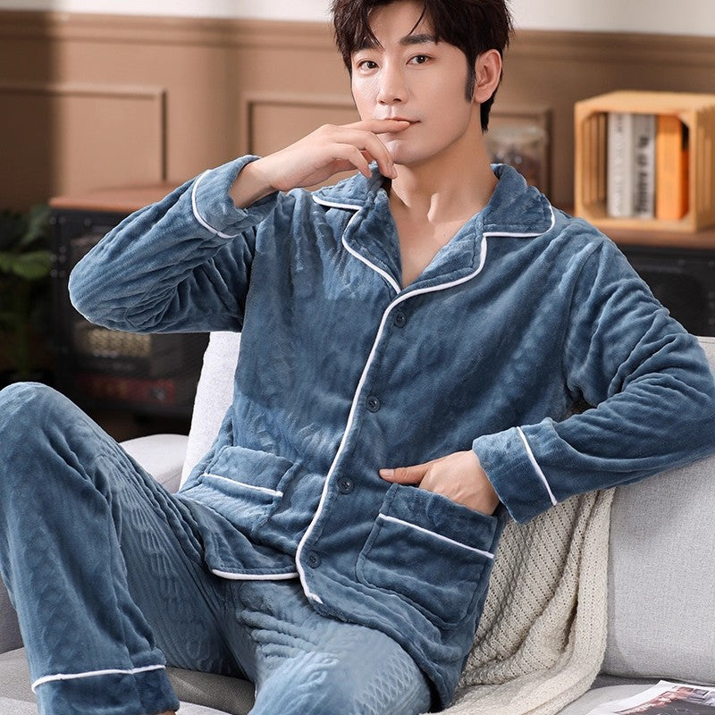 Men's Coral Fleece Pajama Set Long Sleeve Colouronova