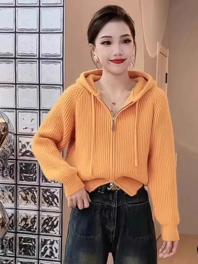 Hooded Small Fragrant Style Western-style Design Outerwear Women's Autumn and Winter New Short Loose Knitted Cardigan Sweater - Colouronova