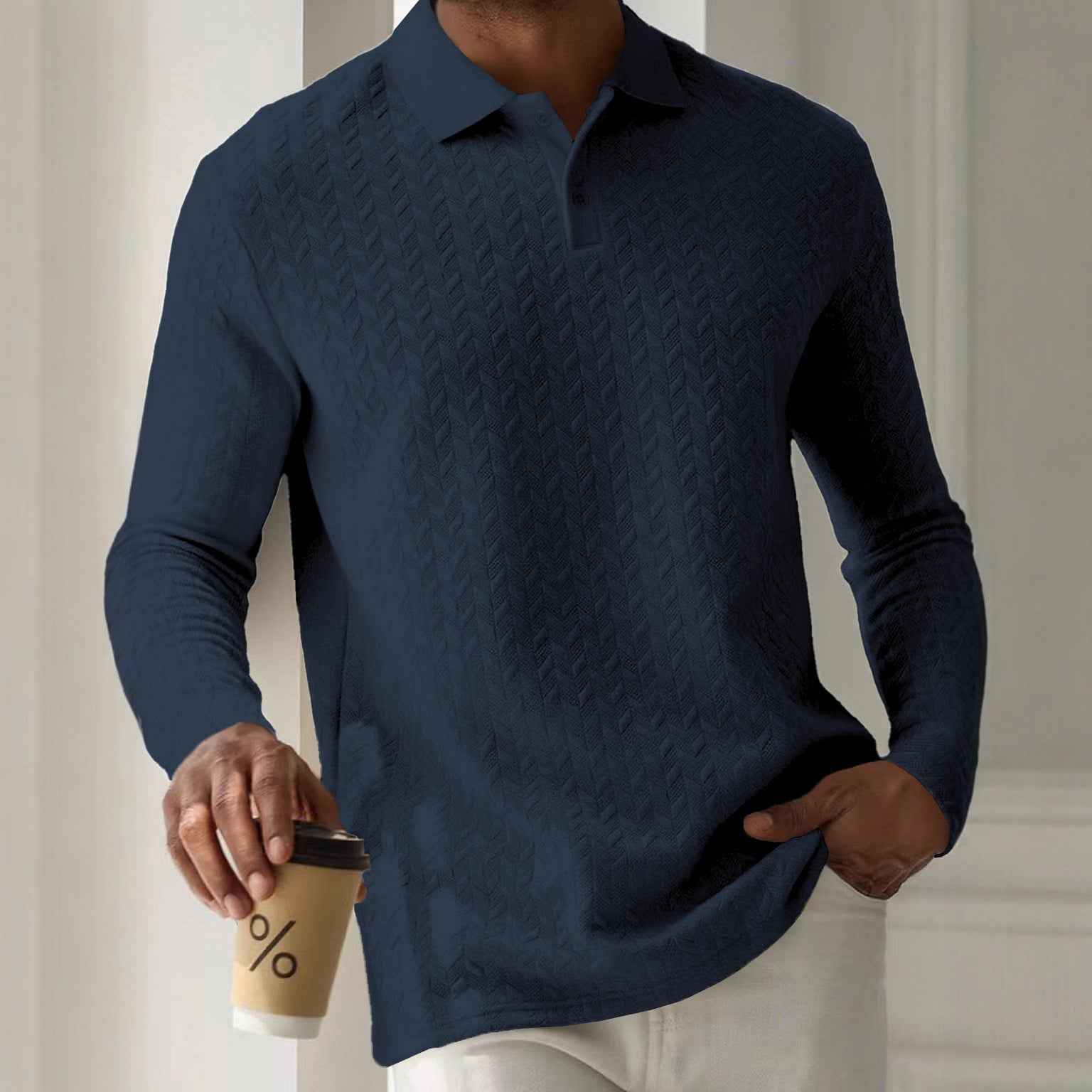 Mens Textured Long Sleeve Polo Shirts Colouronova