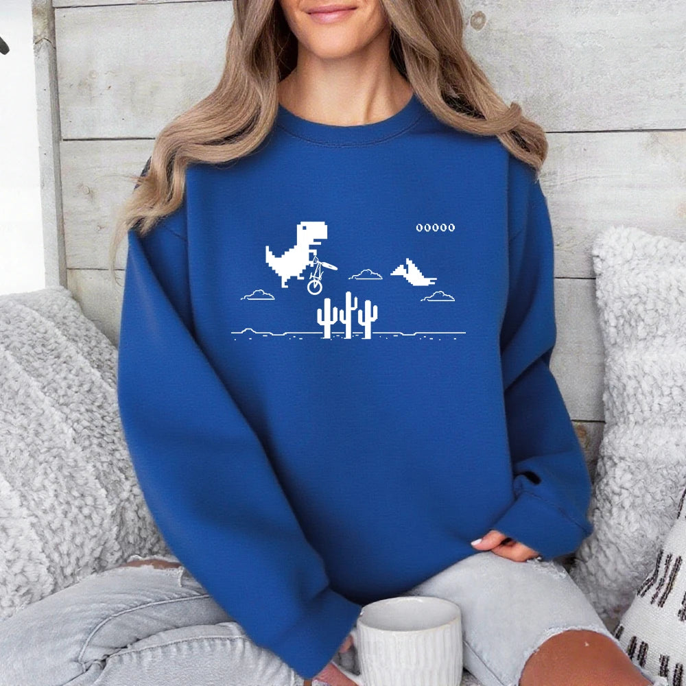 Pixel Art Of The Dino Game Printed Sweatshirts Women Crewneck Sporty Hoodies Loose Fleece Warm Tops Autumn Casual Womans Clothes - Colouronova