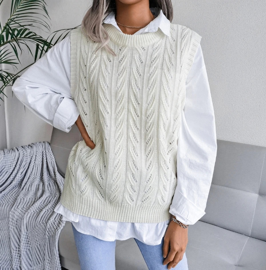women's winter sweaters Korean popular women's vest solid color O-neck sleeveless hollow knitted loose casual sweater vest - Colouronova