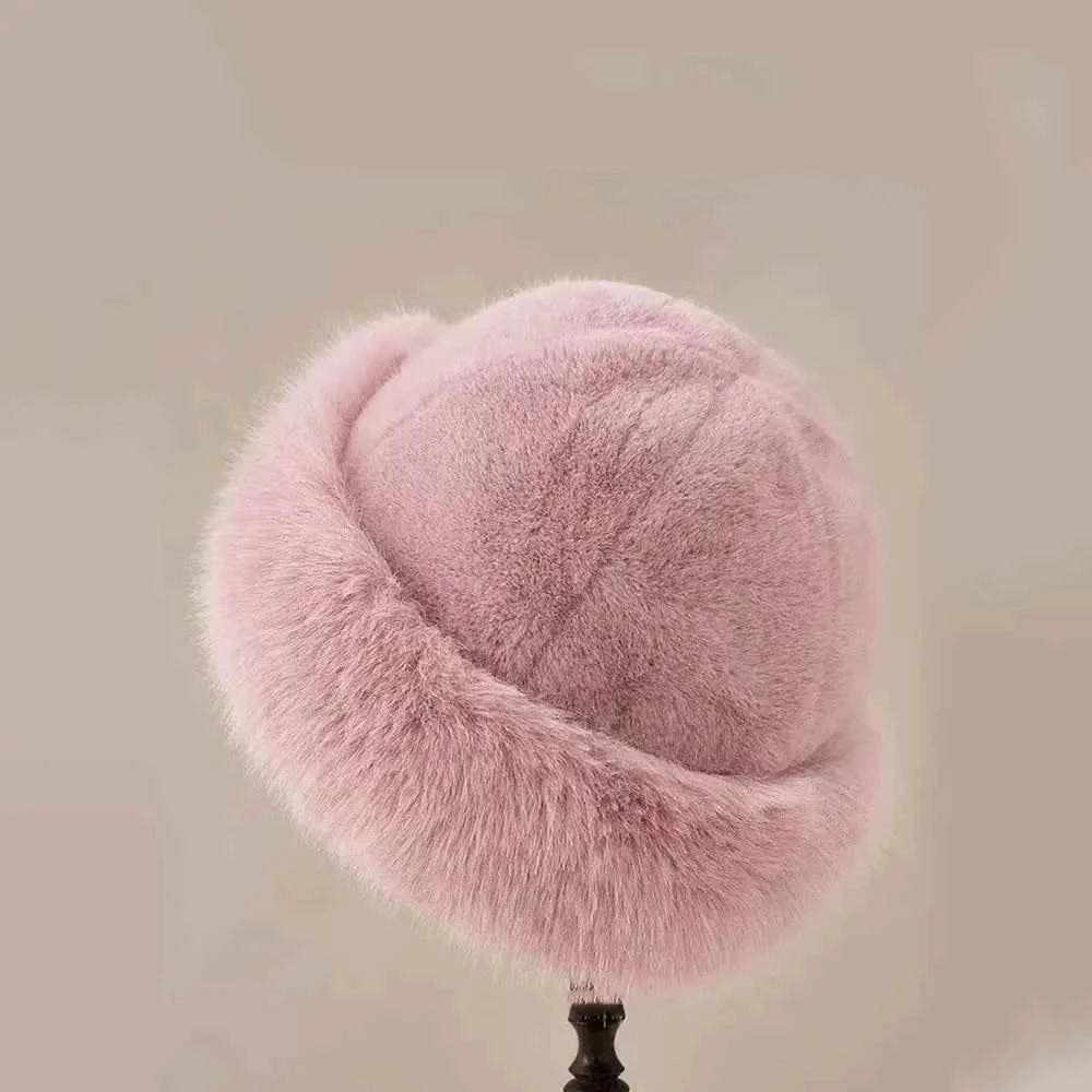 Winter Thick Warm Furry Beanies Hat Women Imitation Mink Fur Russian Cap Solid Plush Brimless Cap Brimless Ski Hat Mongolian Hat