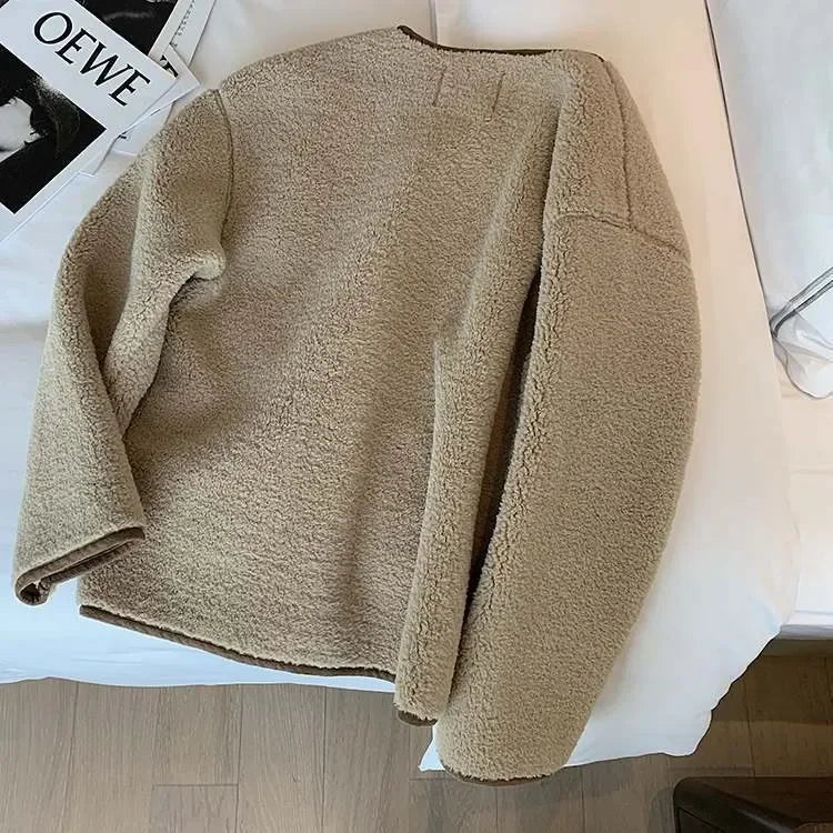 Women's Winter New Fashion Solid Color Lamb's Wool Patchwork Single Breasted Thickened Loose Casual Comfort Coat with Pockets - Colouronova