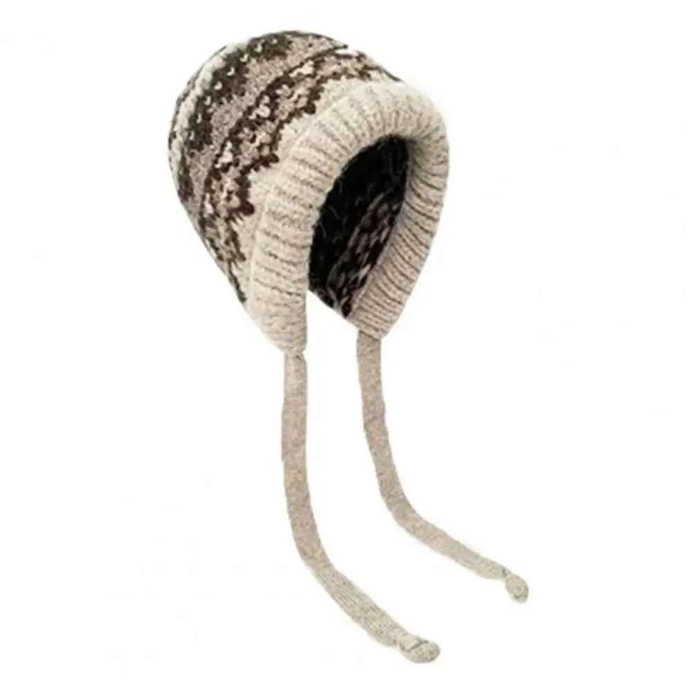 Y2K Cute Beanies Autumn Winter Women Warm Japanese Knit Hat Pile Caps Windproof Ear Protection Tie Pullover Hat Gorro Bonnet