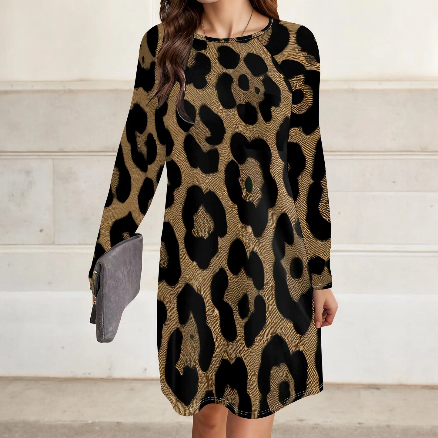 Women's Animal Print Dress Long Sleeve Crew Neck Winter Pullover Casual Loose Comfort Midi Dresses - Colouronova
