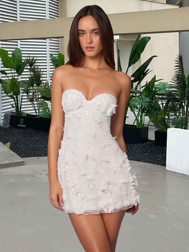 Floral Embroidery Strapless Dress