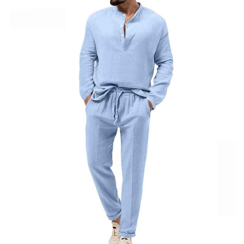 Men's Pure Color Casual Long Sleeve Shirt and Pants Set