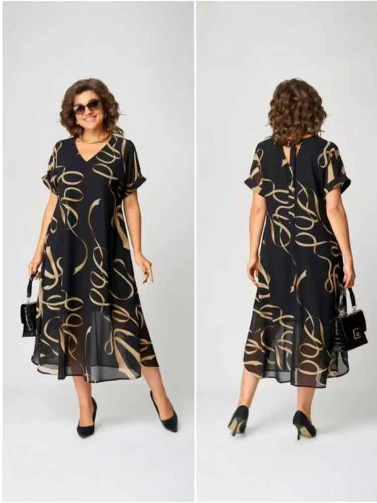 Elegant Abstract Print V-Neck Mid-Length Dress
