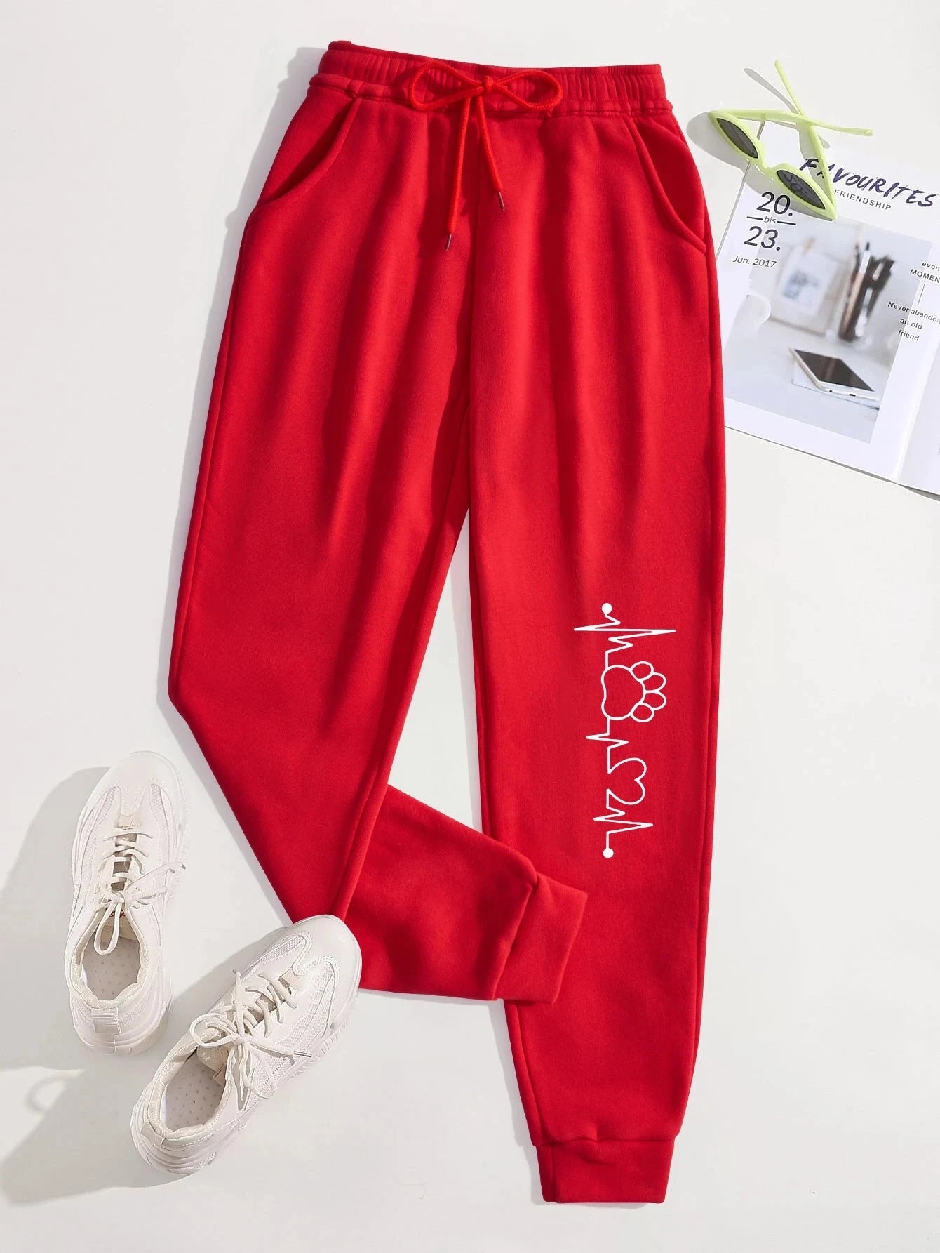 Creative Heartbeat Dog Claw Print Pants Womens Jogger Sportpants Fleece Drawstring Long Pant Fashion Street Female Sweatpants Colouronova