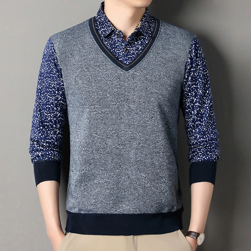 2025 Autumn Men Fleece Warm Sweater Men Fake Two Piece Plush Pullover Shirt Collar Thick Knitted Sweater Male Casual Jumpers - Colouronova