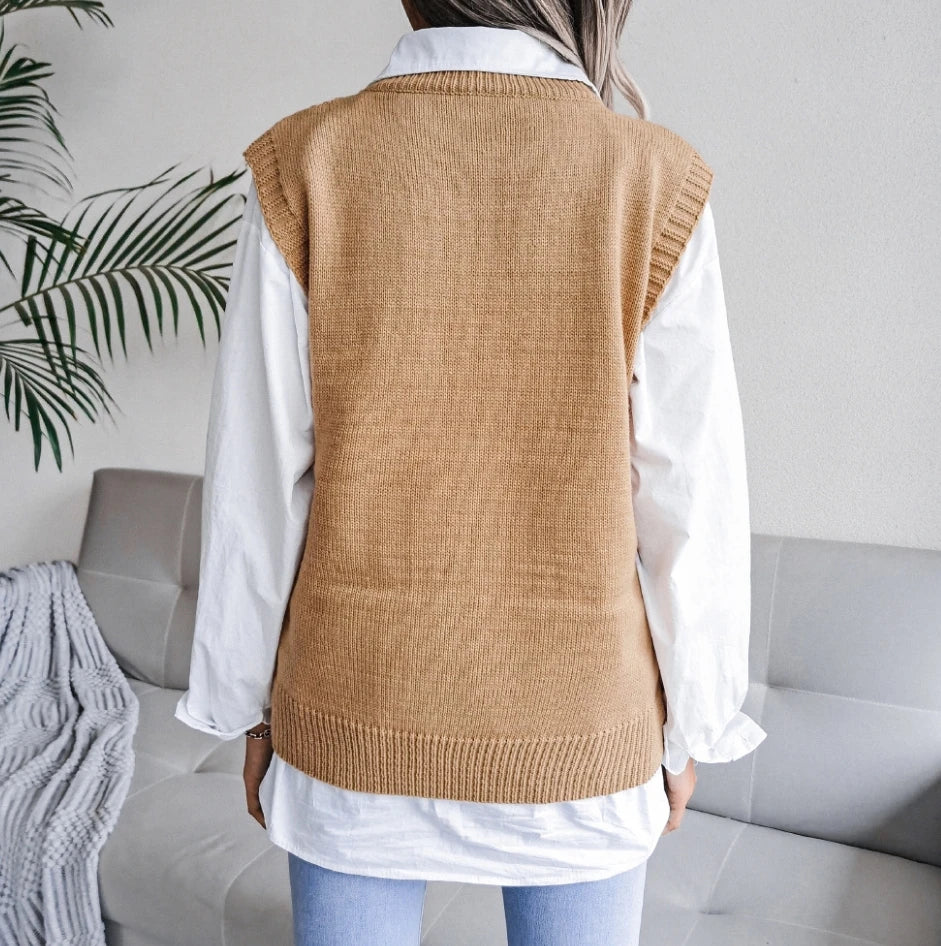 women's winter sweaters Korean popular women's vest solid color O-neck sleeveless hollow knitted loose casual sweater vest - Colouronova