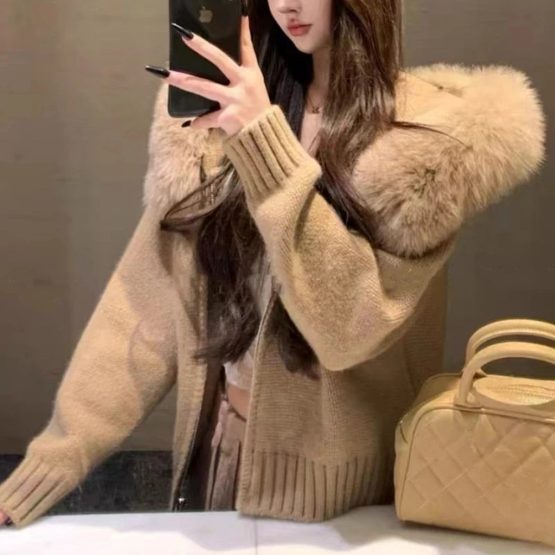 25 Autumn/Winter New Hooded Short Style Fashionable Western Knitted Cardigan, Wool Collar Coat, Women's Sweater - Colouronova