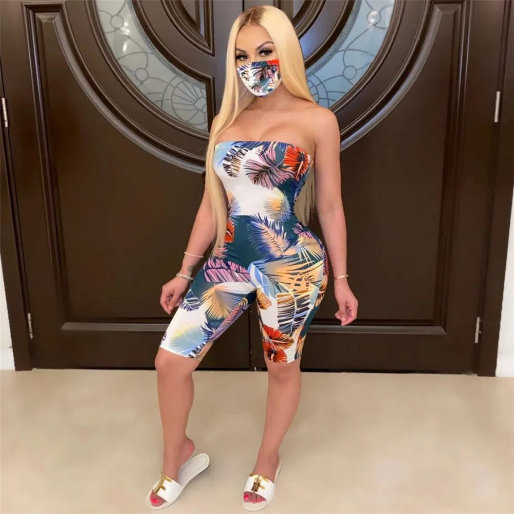 Ladies' strapless sexy jumpsuit shorts, tight fitting, hip hugging, waist cinching, fashionable printed street style commuting - Colouronova