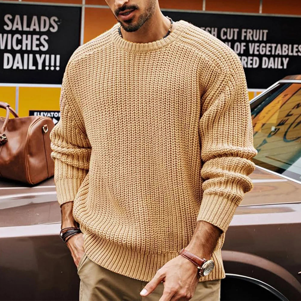 Men Round Neck Pullovers Vintage Solid Long Sleeve Jumpers Knit Sweater Loose Casual Basics Sweaters Autumn Winter 2025 - Colouronova