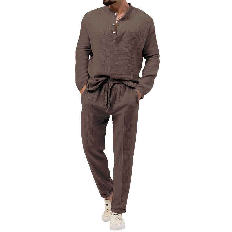 Men's Pure Color Casual Long Sleeve Shirt and Pants Set