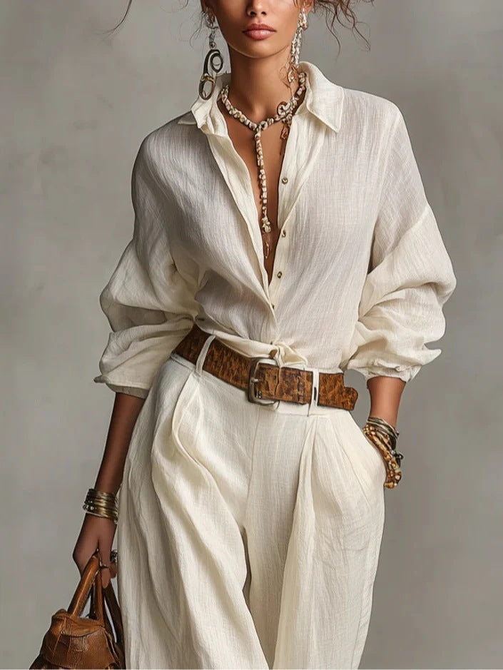 Casual Style Sleeveless Shirt and Wide-Leg Pants Set Colouronova