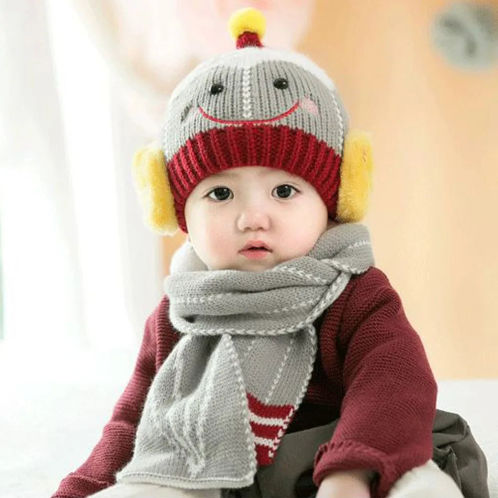 Cartoon Snowman Children Hat Scarf Set 2Pcs Set Ear Protection Warm Beanie Caps Neck Warmer Beanie Hat Scarf - Colouronova