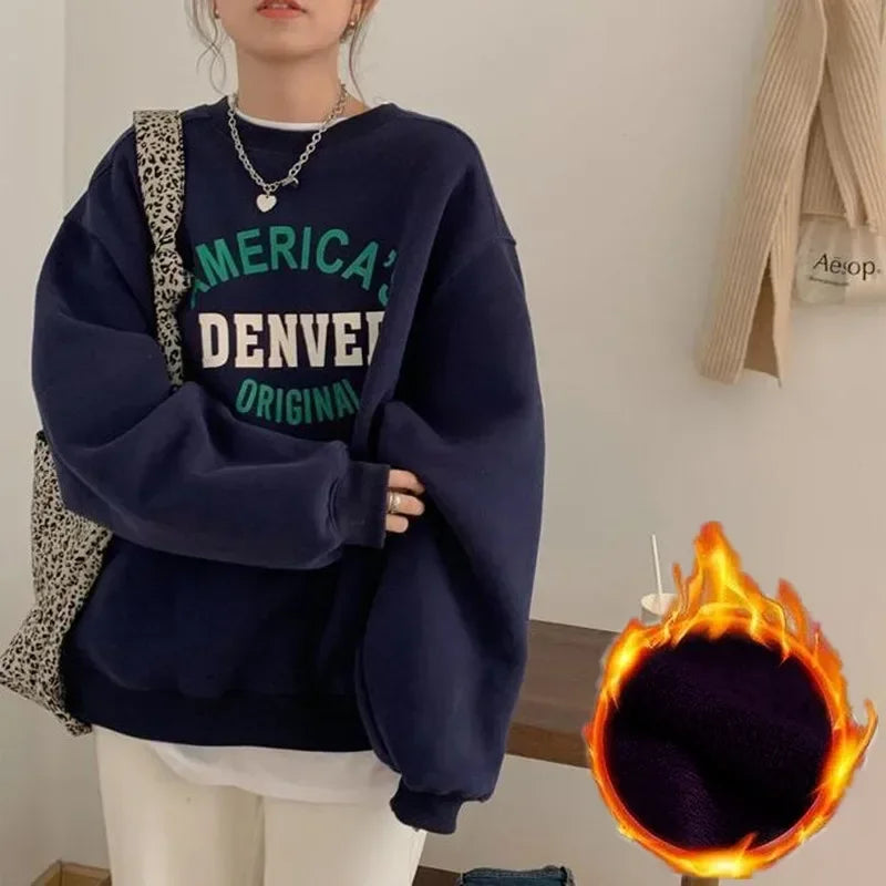 Women's Sweatshirt, Printed Letter Pullover, Casual Tops, Autumn and Winter O-Neck Hoodies, Design Sense, High Street Pupil Coat - Colouronova