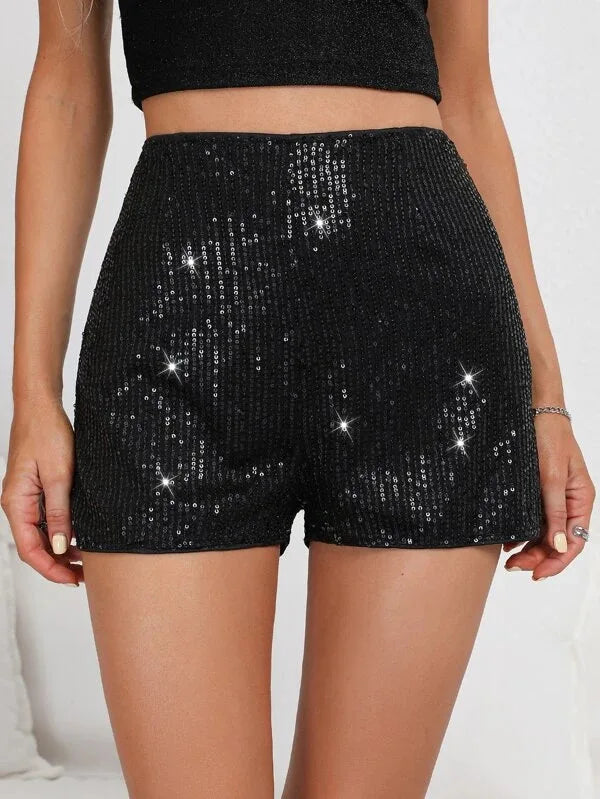 Straight Shorts Women Sexy Mid Waist Sequins Solid Color Stretch Skinny Short Hot Pants Female Summer 2025 Casual Office Lady - Colouronova